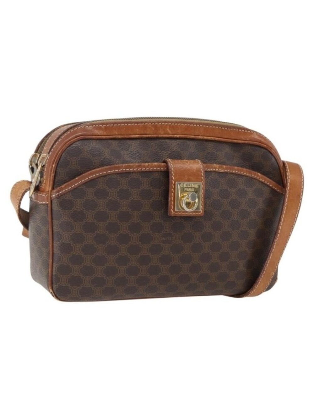 Authentic CELINE Macadam Canvas Shoulder Bag PVC Leather Brown Gold